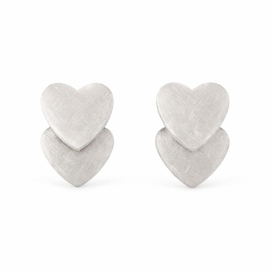 14K White Gold Satin Dangle Double Heart Stud Earrings