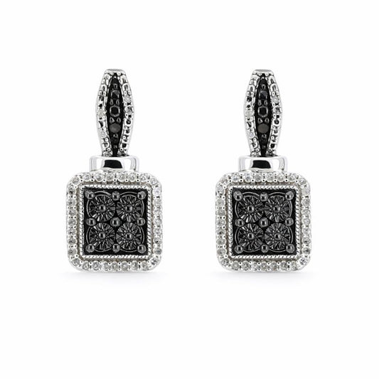 Sterling Silver Black & White Diamond Dangle Stud Earrings