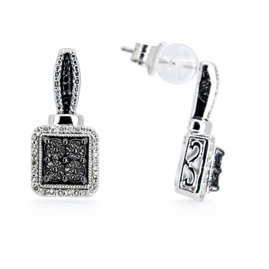 Sterling Silver Black & White Diamond Dangle Stud Earrings