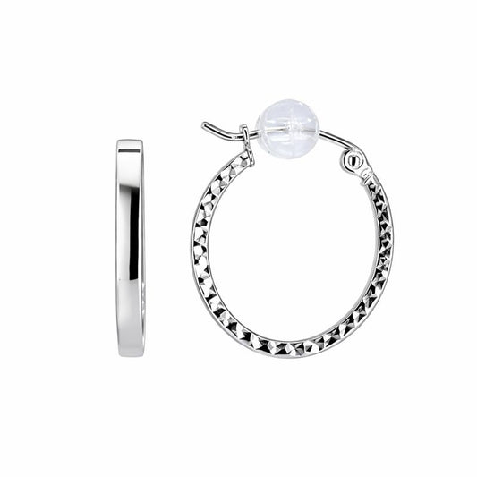 14K White Gold Diamond Cut Square Tube Oval Hoop Earrings