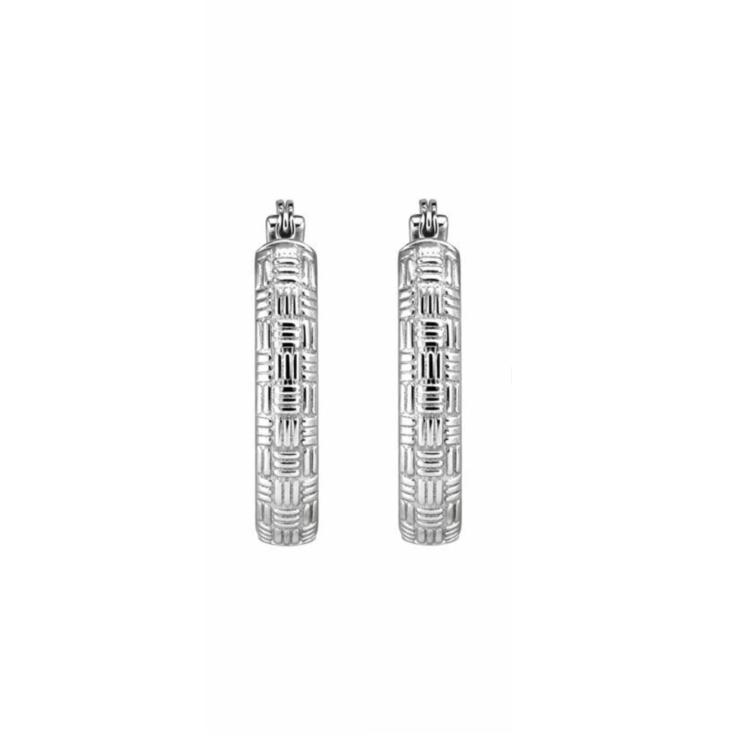 10K White Gold Basket Weave Hoop Earrings