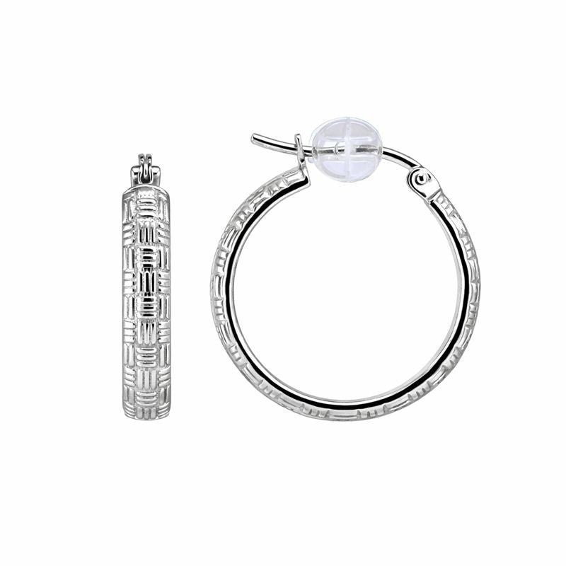10K White Gold Basket Weave Hoop Earrings