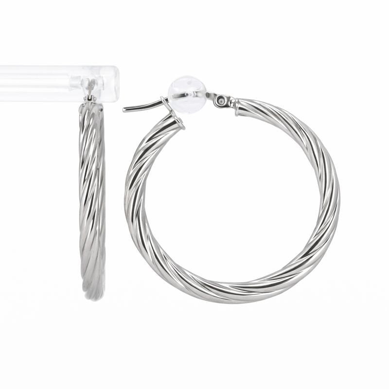 14K White Gold High Polish Swirl Circle Hoop Earrings