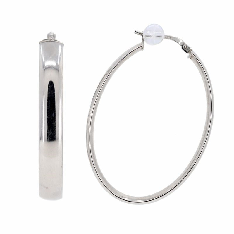 14K White Gold High Polish Square-Shape Oval Hoop Earrings