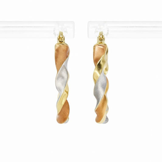 14K Tri-Color Gold Satin & High Polish Twisted Ribbon Hoop Earrings