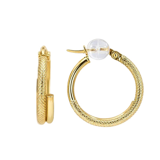 10K Yellow Gold Textured & High Polish Hoop Earrings