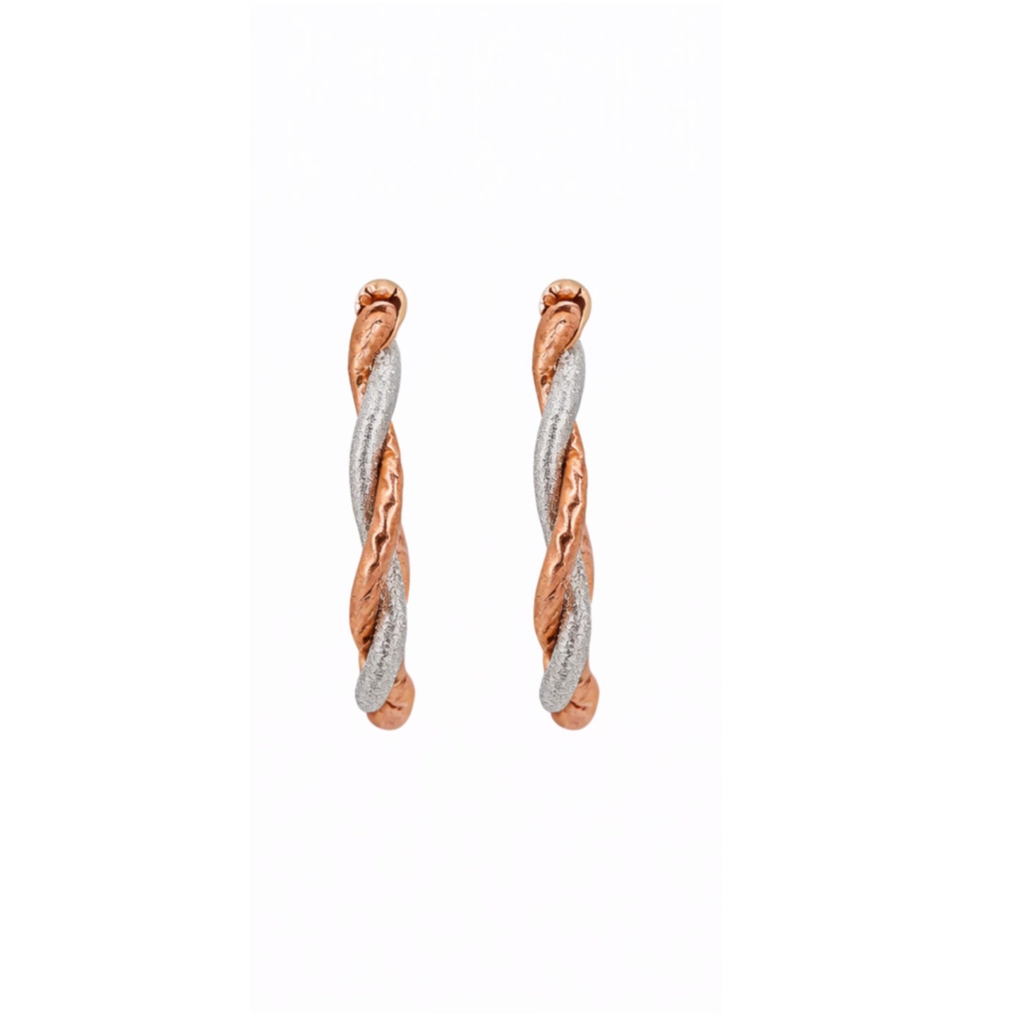 14K Rose & White Gold Textured Satin Twist Ribbon Hoop Earrings