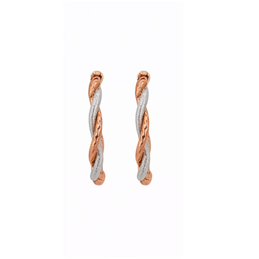 14K Rose & White Gold Textured Satin Twist Ribbon Hoop Earrings