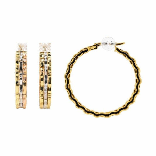 14K Tri-Color Multi-Row High Polish Link Design Hoop Earrings