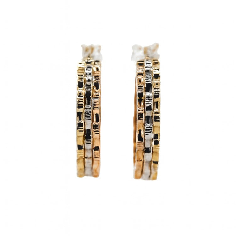 14K Tri-Color Multi-Row High Polish Link Design Hoop Earrings