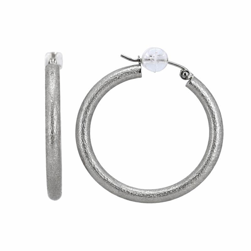 14K White Gold Satin Finish Round Tube Hoop Earrings