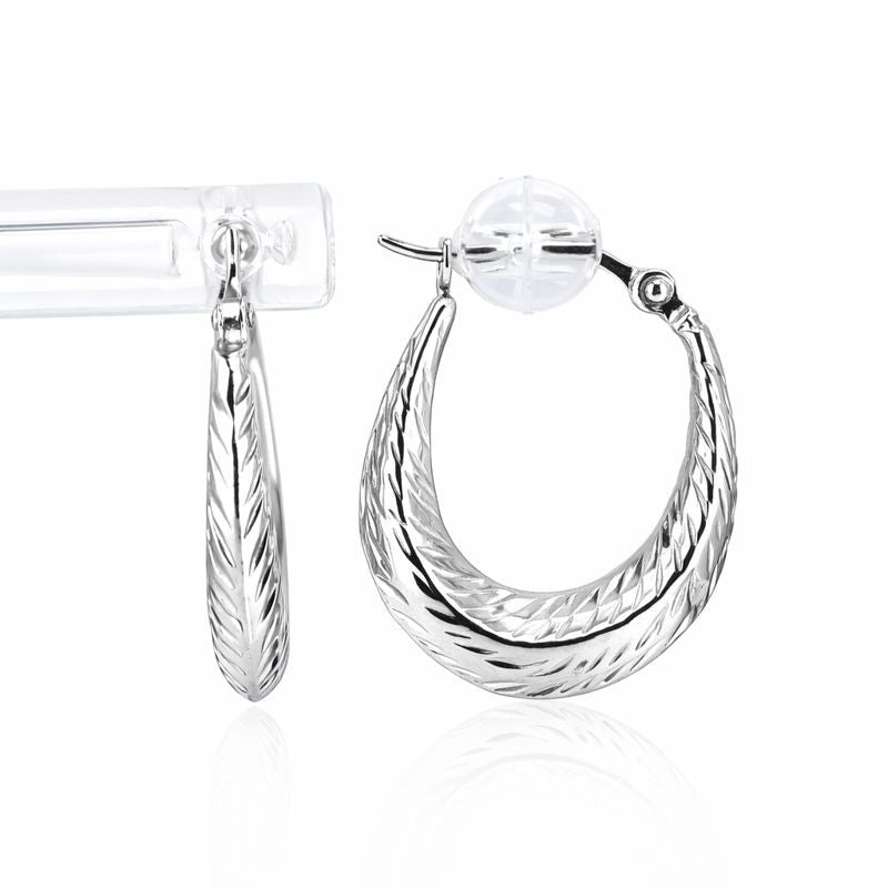 10K White Gold Diamond Cut Oval Hoop Earrings