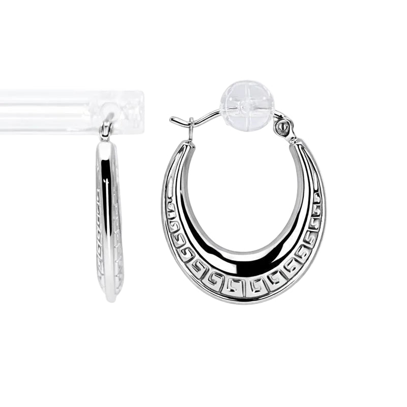 10K White Gold Greek Key Hoop Earrings