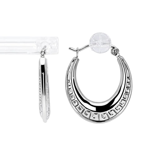 10K White Gold Greek Key Hoop Earrings