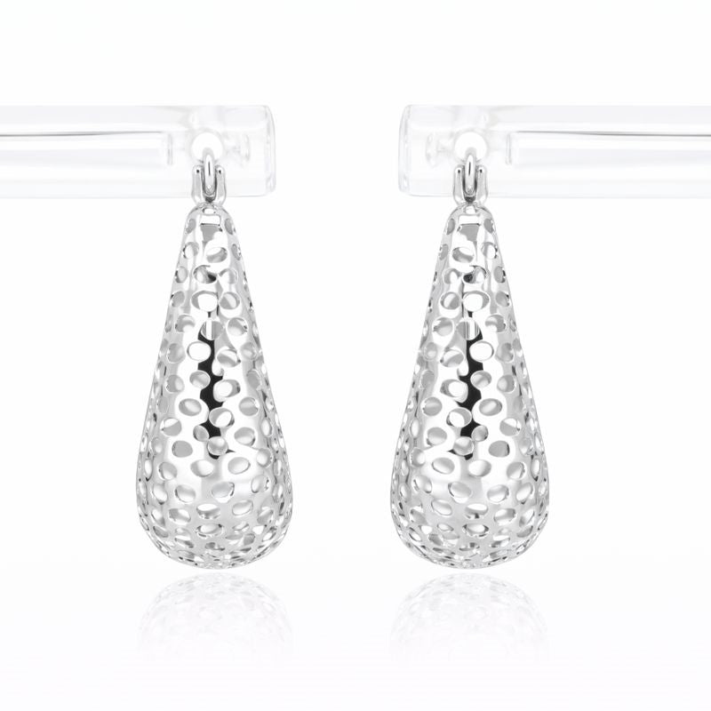 14K White Gold Cutout Mesh Graduated Oval Hoop Earrings