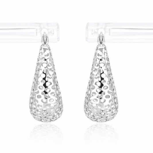 14K White Gold Cutout Mesh Graduated Oval Hoop Earrings