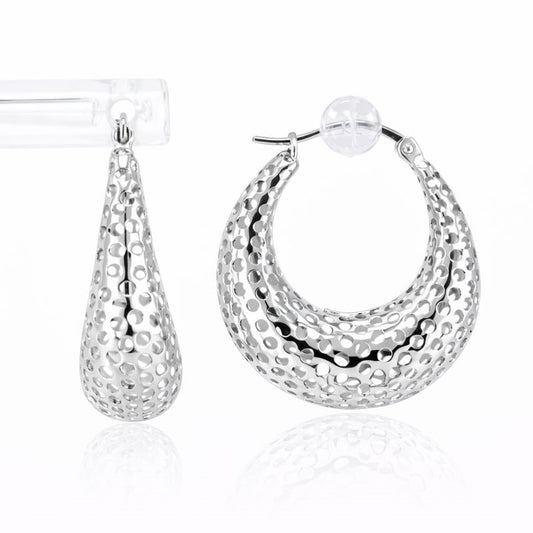 14K White Gold Cutout Mesh Graduated Oval Hoop Earrings