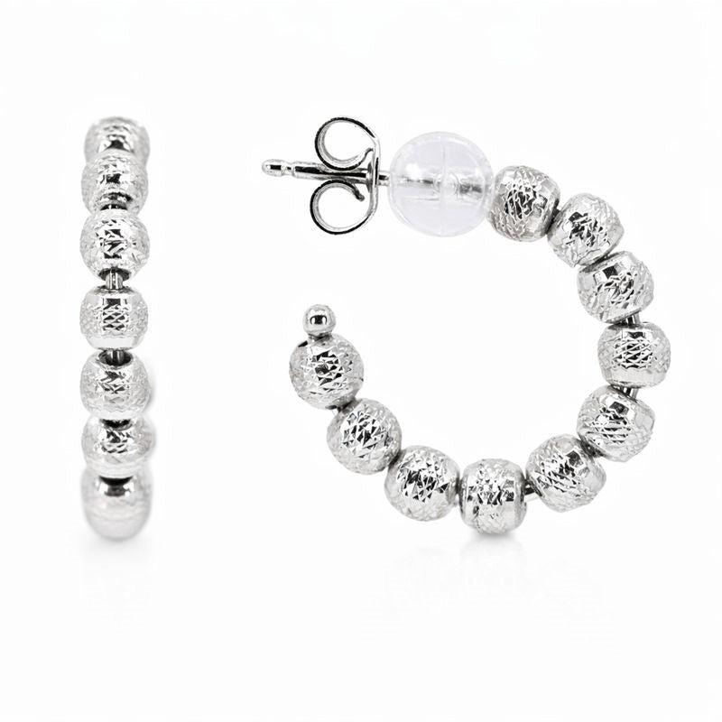 14K White Gold Moon-Cut Bead J Hoop Stud Earrings