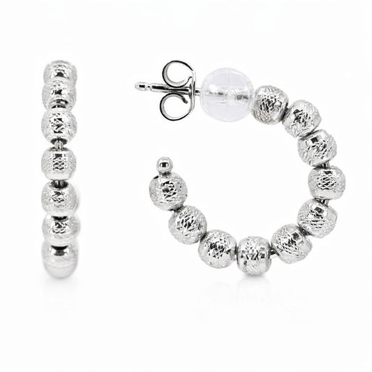 14K White Gold Moon-Cut Bead J Hoop Stud Earrings