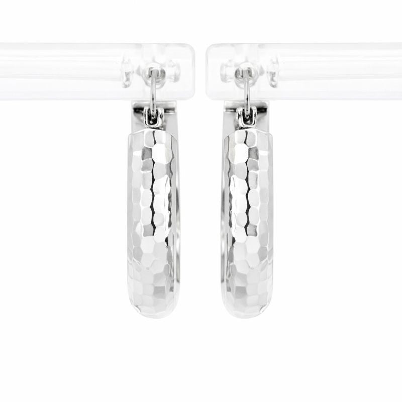 14K White Gold High Polish Textured Hoop Earrings