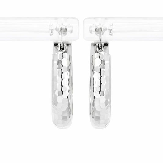 14K White Gold High Polish Textured Hoop Earrings