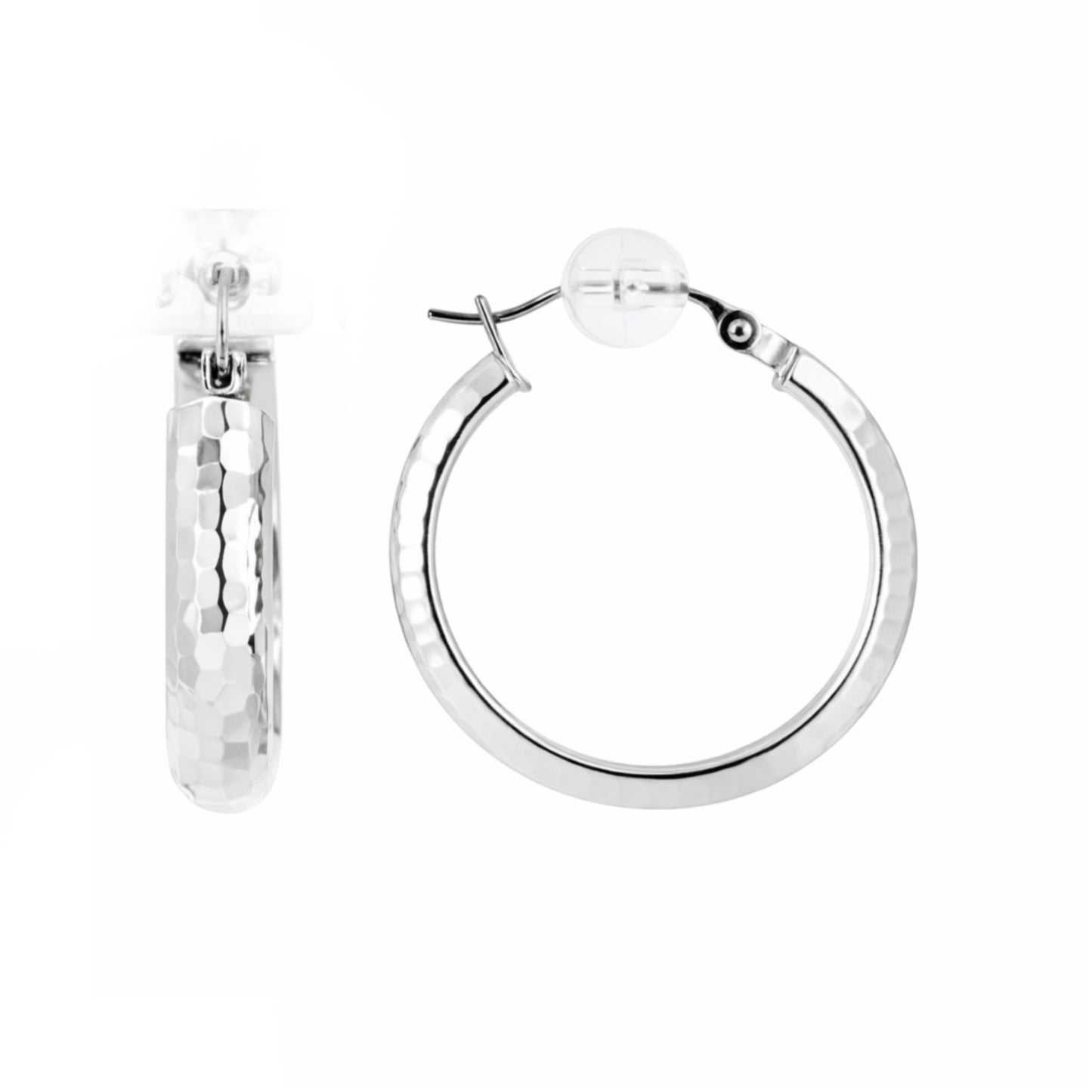 14K White Gold High Polish Textured Hoop Earrings