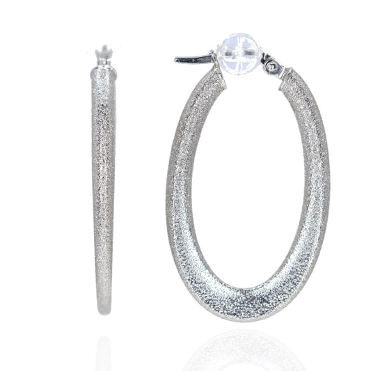 10K White Gold Laser Cut Flat Oval Hoop Earrings
