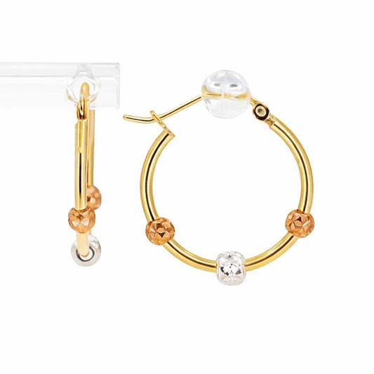 10K Tri-Color Gold Diamond-Cut Bead Hoop Earrings