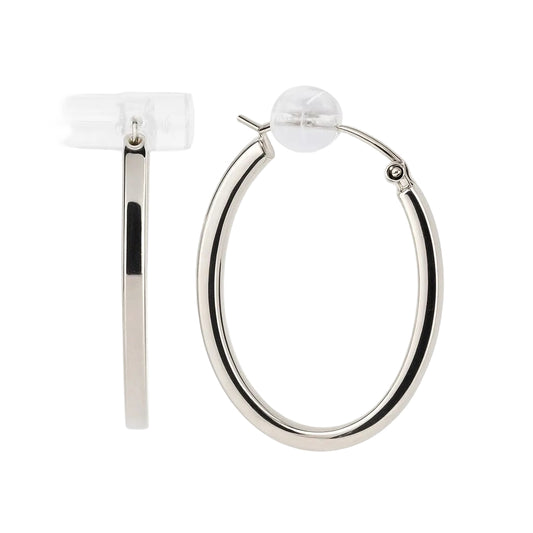 14K White Gold Square Tube Oval Hoop Earrings