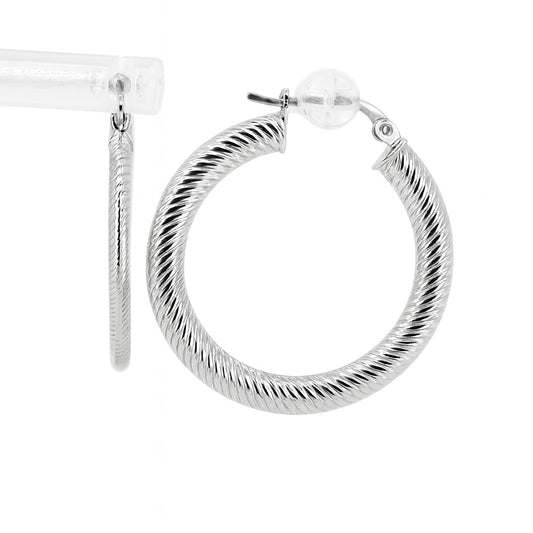 14K White Gold Textured Knife Edge Circle Hoop Earrings