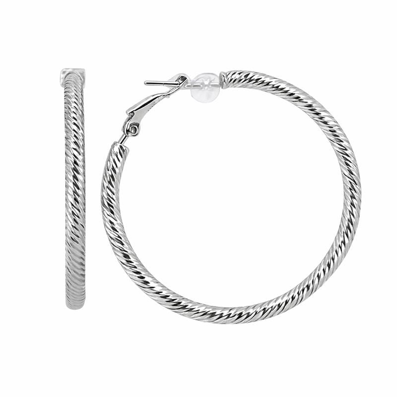 14K White Gold Diamond Cut Candy Cane 3mm Hoop Earrings