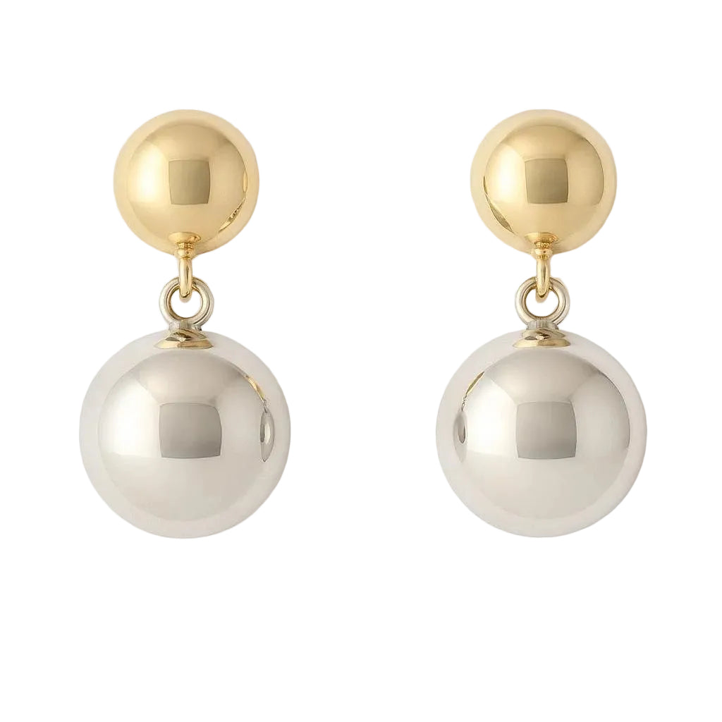 14K Two-Tone Gold Button Dangle Stud Earrings