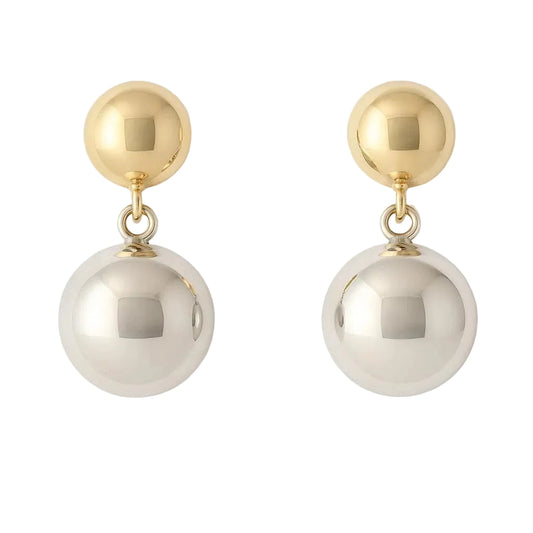 14K Two-Tone Gold Button Dangle Stud Earrings