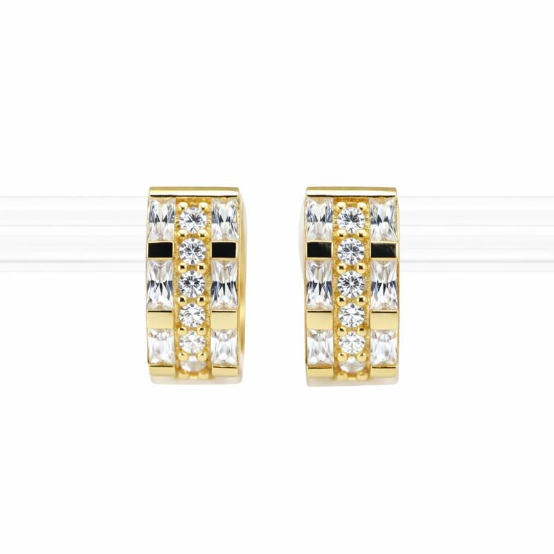 14K Yellow Gold Three-Row Channel Set CZ Baguette 5mm Hoop Earrings