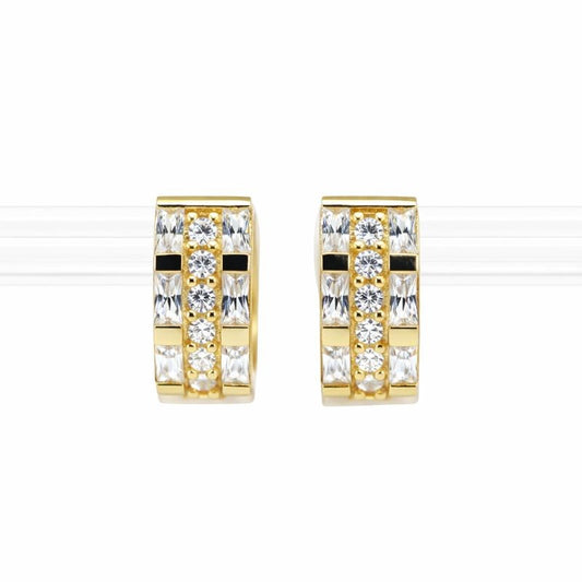 14K Yellow Gold Three-Row Channel Set CZ Baguette 5mm Hoop Earrings