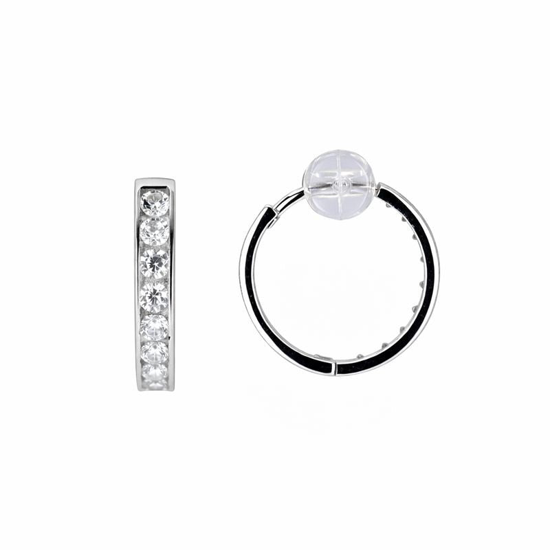 14K White Gold One Row Channel Set CZ 2.5mm Hoop Earrings