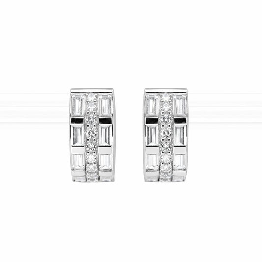 14K White Gold Three-Row Channel Set CZ Baguette 5mm Hoop Earrings