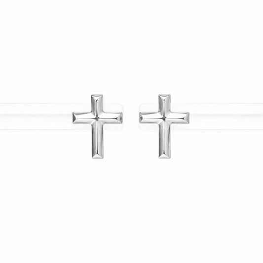 14K White Gold High Polish Cross Stud Earrings