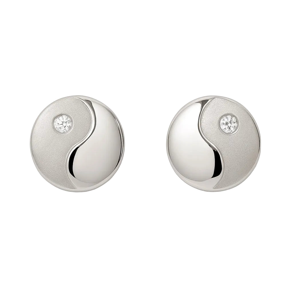 14K White Gold CZ Yin Yang Stud Earrings