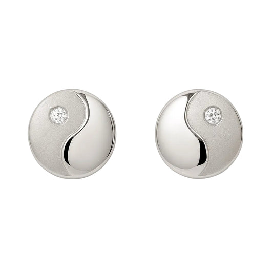 14K White Gold CZ Yin Yang Stud Earrings