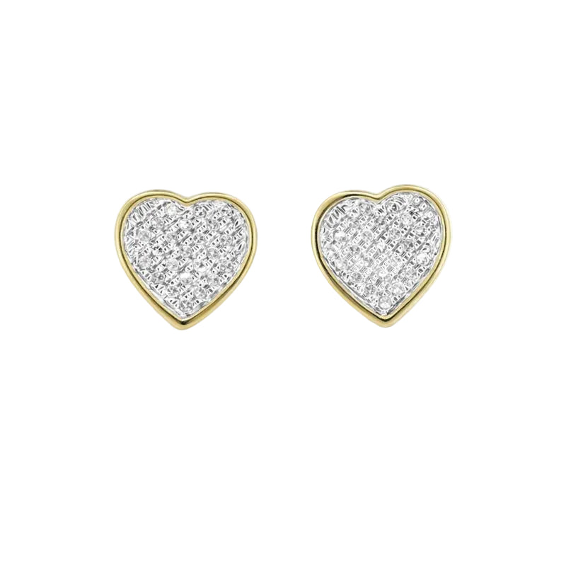 14K Yellow Gold Plated Pavé Set Diamond Heart Stud Earrings
