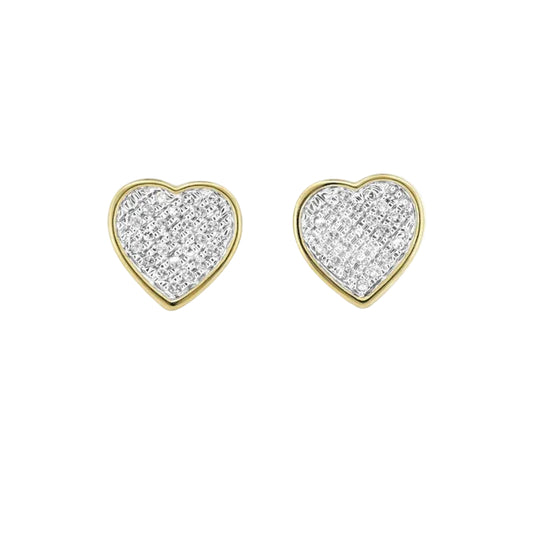 14K Yellow Gold Plated Pavé Set Diamond Heart Stud Earrings