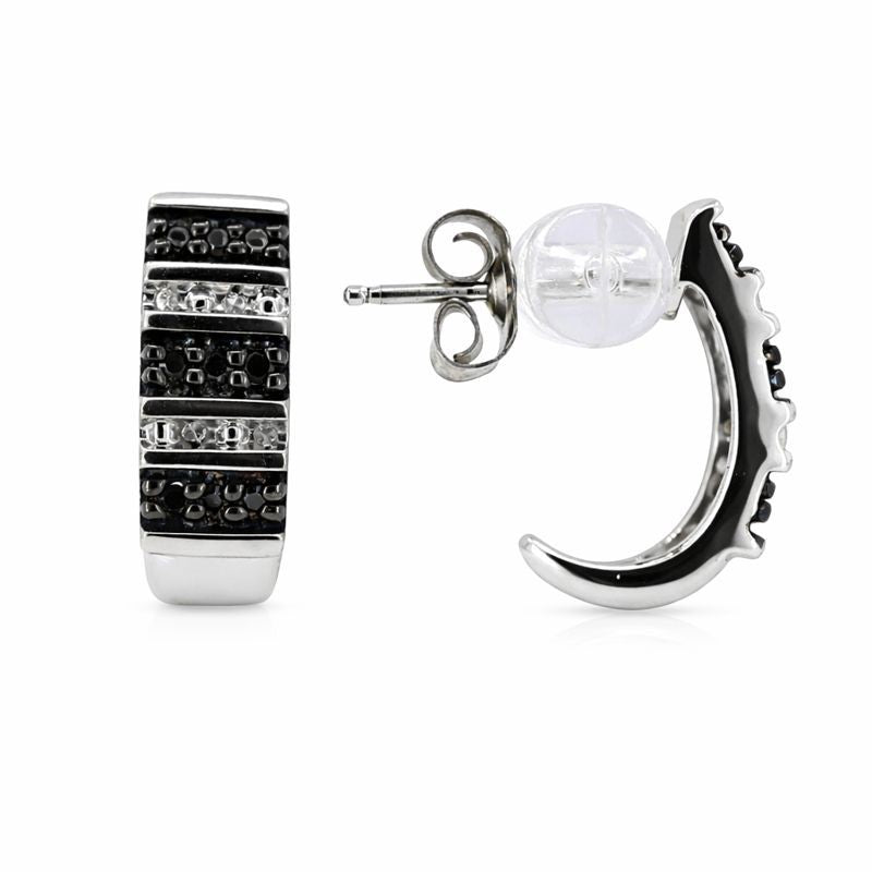 Sterling Silver Black & White Diamond Stripe J Hoop Stud Earrings