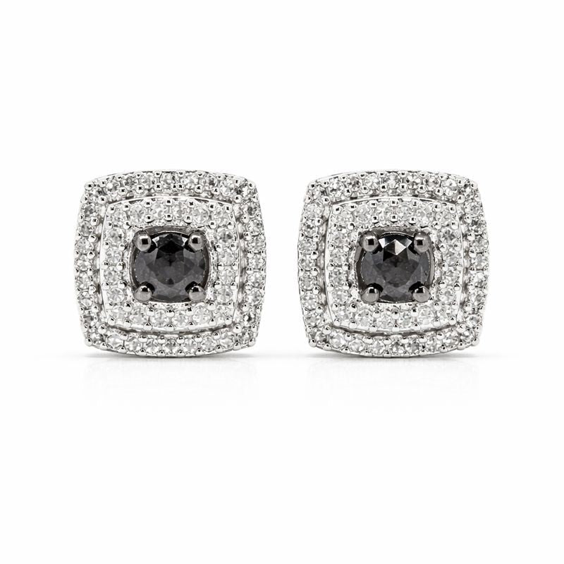 Sterling Silver Black & White Diamond Square Stud Earrings