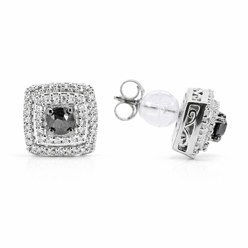 Sterling Silver Black & White Diamond Square Stud Earrings