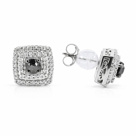 Sterling Silver Black & White Diamond Square Stud Earrings