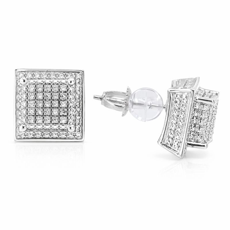 Sterling Silver Pavé Set Diamond 3D Square Stud Earrings