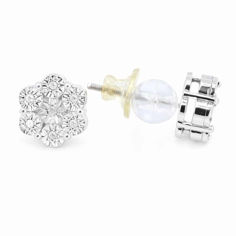 Sterling Silver Illusion Pavé Set Diamond Flower Stud Earrings