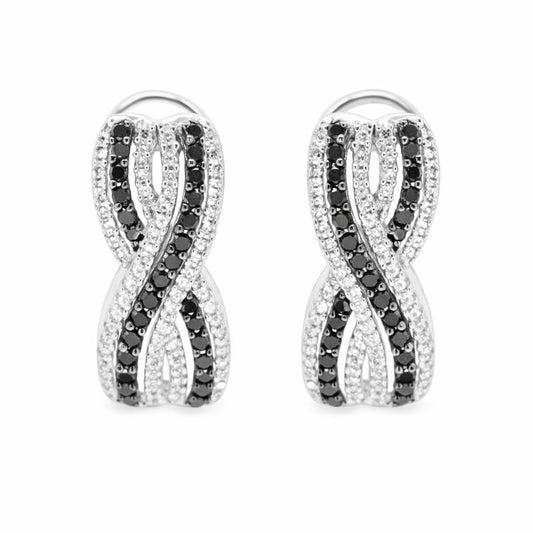 Sterling Silver Black & White Criss-Cross Prong Set Diamond Vintage Stud Earrings