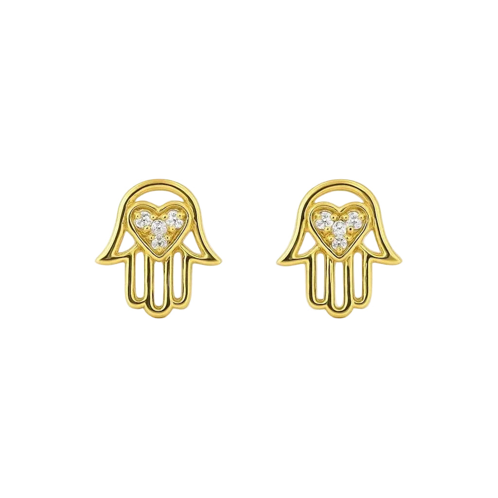 14K Yellow Gold Hamsa with Heart Stud Earrings